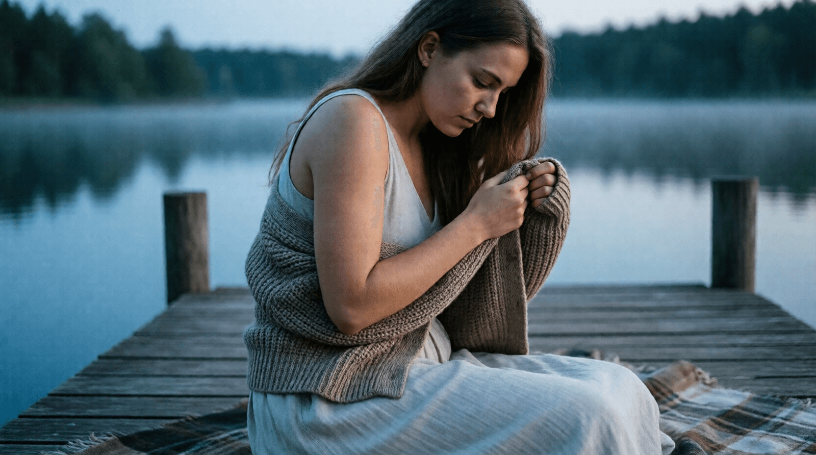 Als es am See abends kühl wurde, zog sie sich schnell eine dicke Strickjacke über.