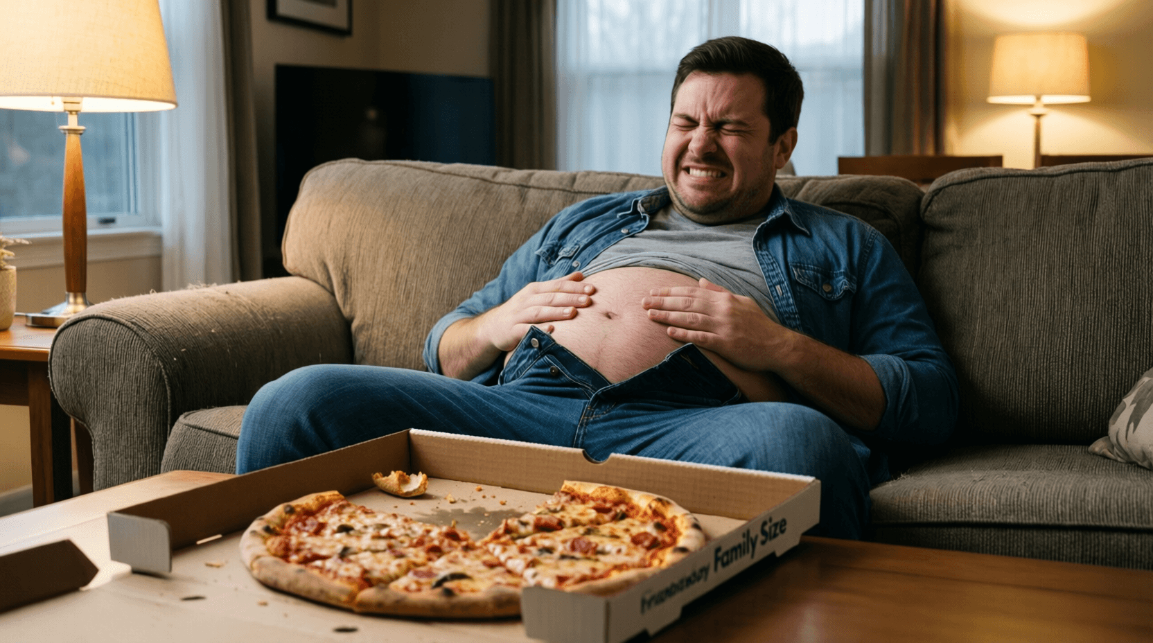 Kaum war die Familienpizza leer, bereute er schon, sie ganz allein gegessen zu haben.