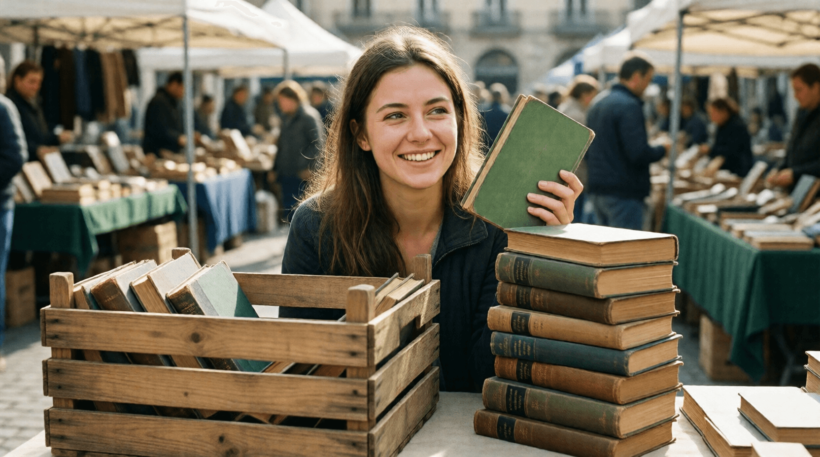 Auf dem Flohmarkt hat sie eine ganze Kiste alter Bücher durchgeschaut, bis sie das richtige fand.