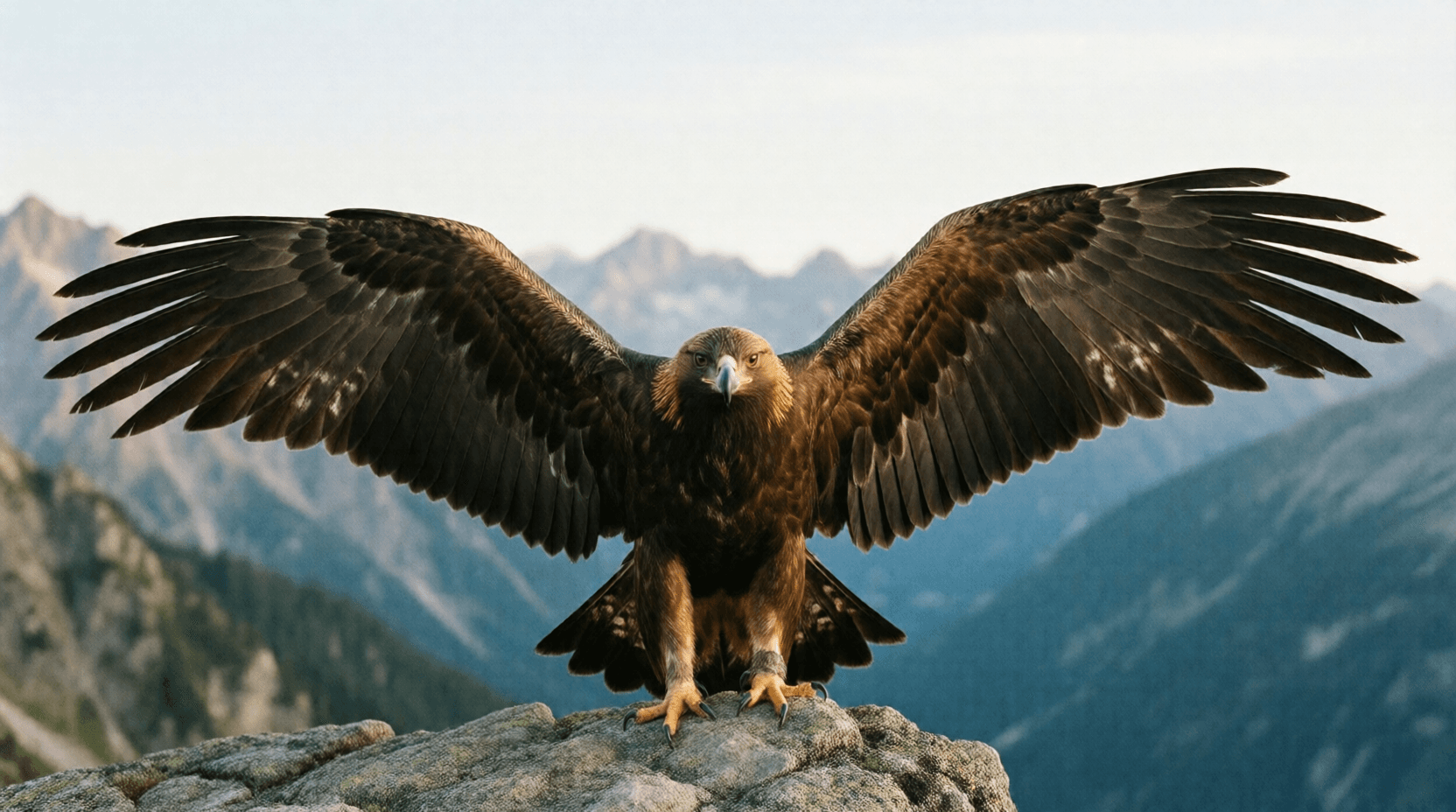 Bevor der Adler vom Felsen losflog, entfaltete er seine riesigen Flügel.
