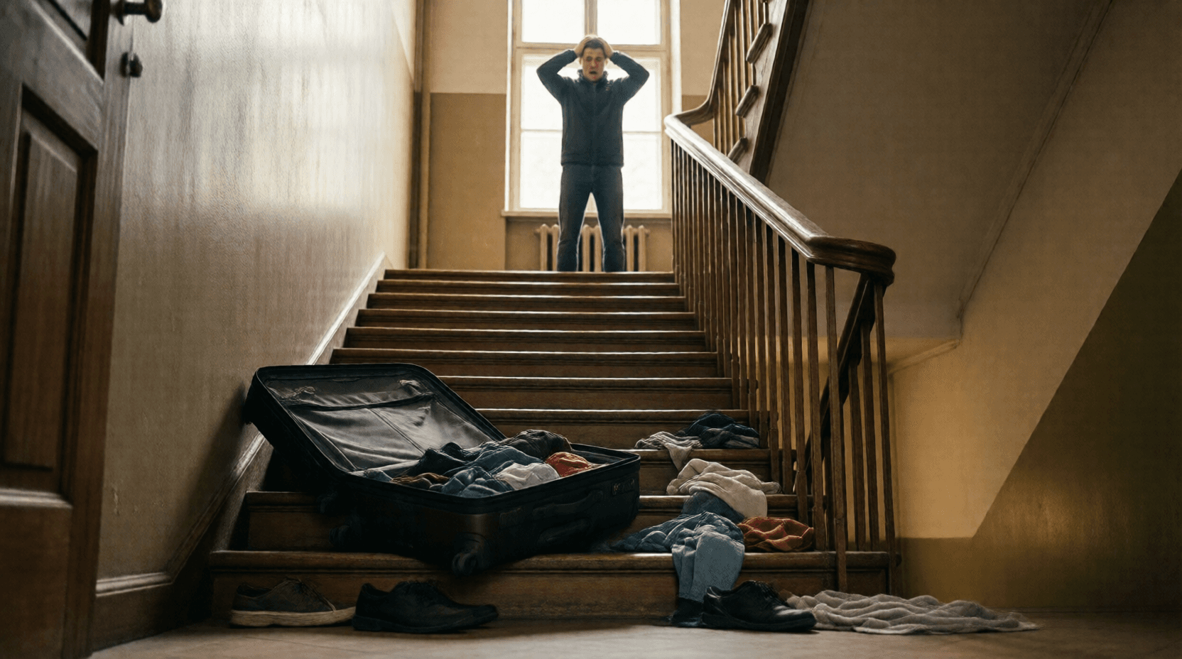 Der schwere Koffer ist die ganze Treppe hinuntergefallen und unten aufgesprungen.