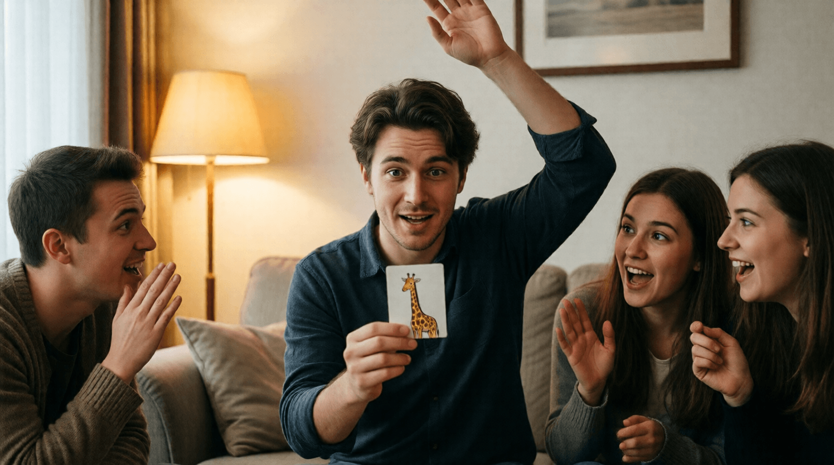 Beim Spieleabend umschreibt Jonas das Wort 'Giraffe', ohne es auszusprechen, und alle raten wild durcheinander.
