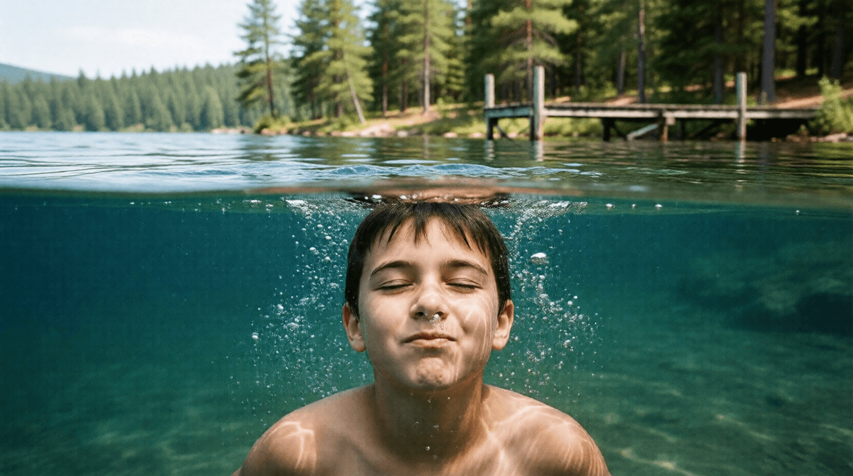 Der Junge holte tief Luft, hielt sich die Nase zu und tauchte im See unter.