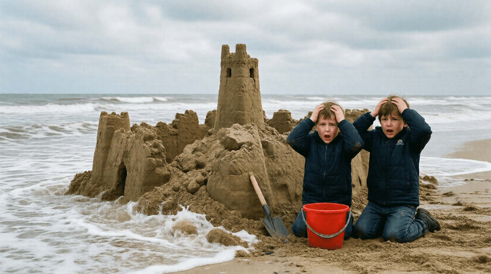 Eine große Welle hat die Sandburg zerstört, die die Kinder den ganzen Nachmittag gebaut hatten.
