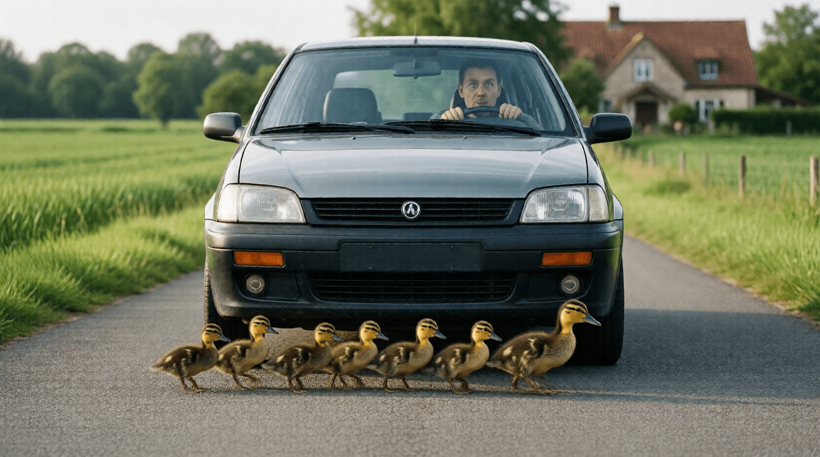 Der Fahrer bremste scharf, sonst hätte er die Enten auf der Straße überfahren.