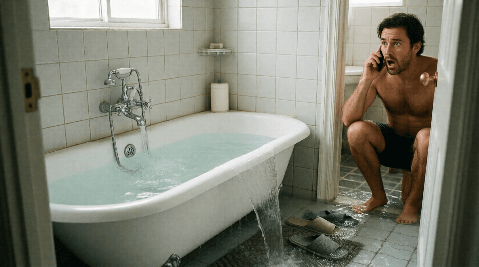 Während ich telefonierte, ist die Badewanne übergelaufen, und das ganze Bad stand unter Wasser.