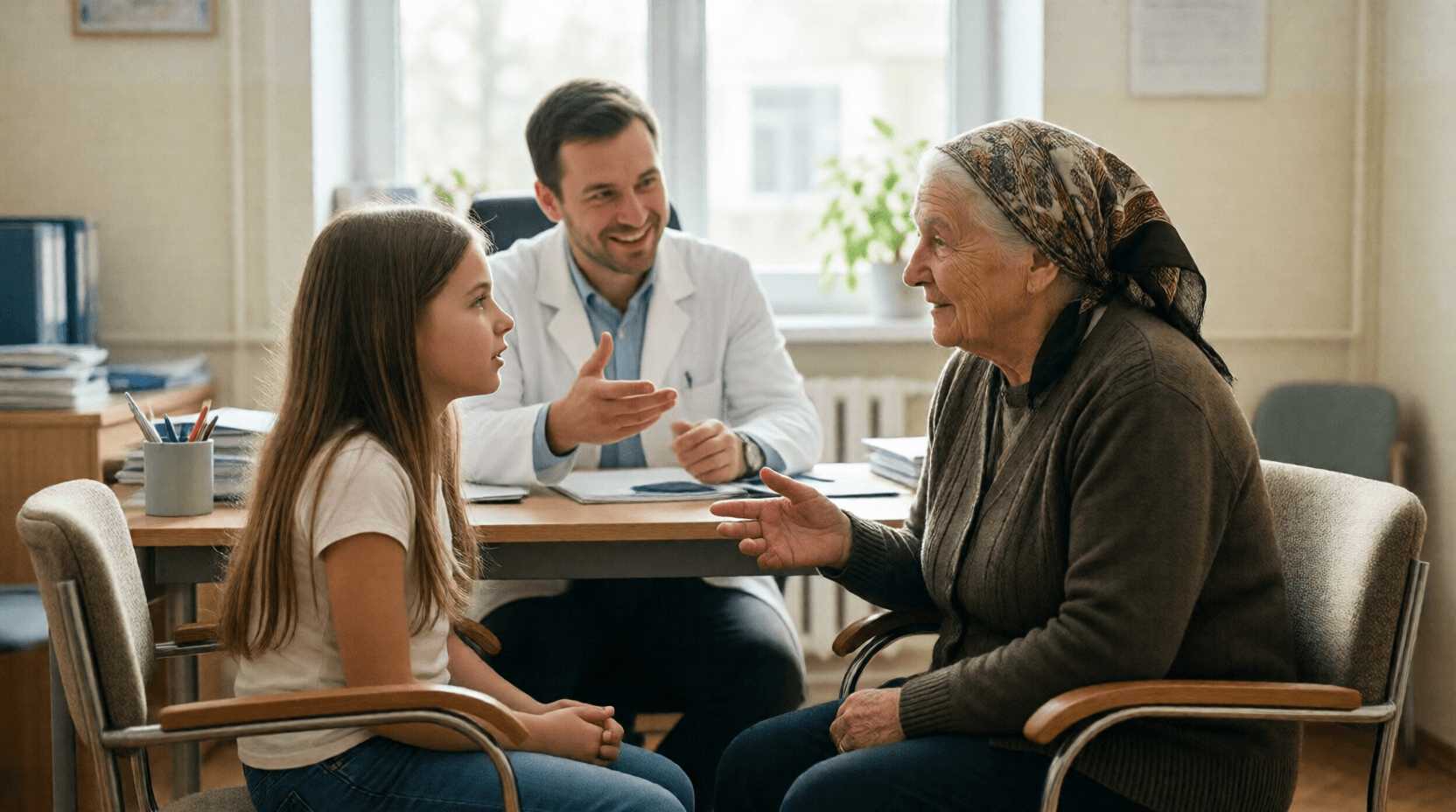 Beim Arzt übersetzt die zwölfjährige Mira alles für ihre Großmutter, die kaum Deutsch spricht.