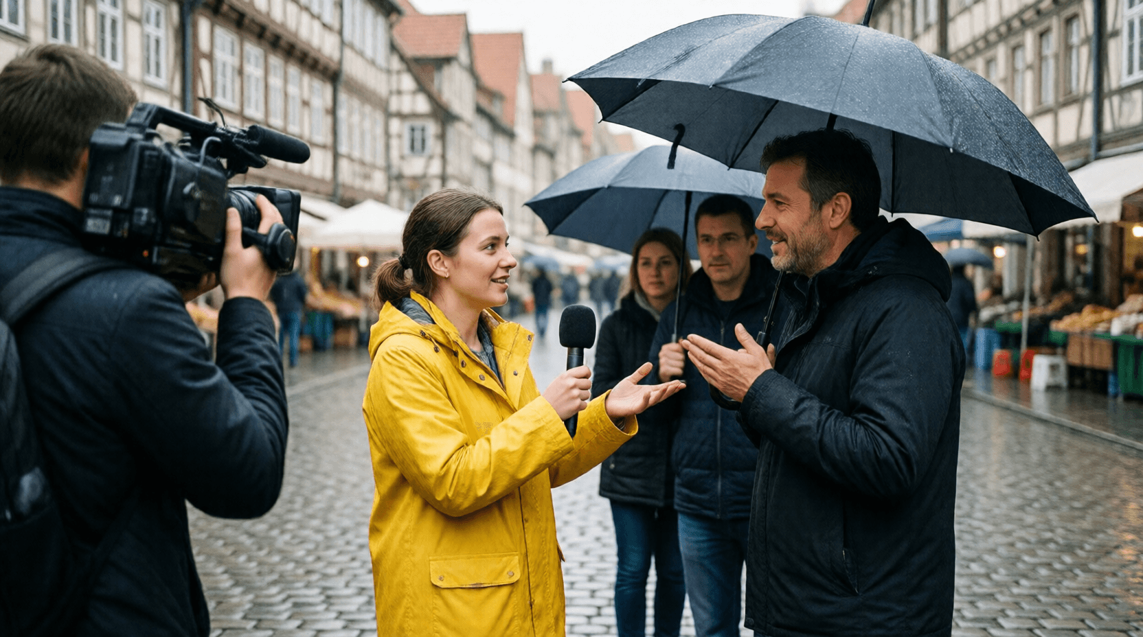 Trotz des strömenden Regens befragte die Reporterin auf dem Marktplatz mehrere Passanten zu ihrer Meinung.