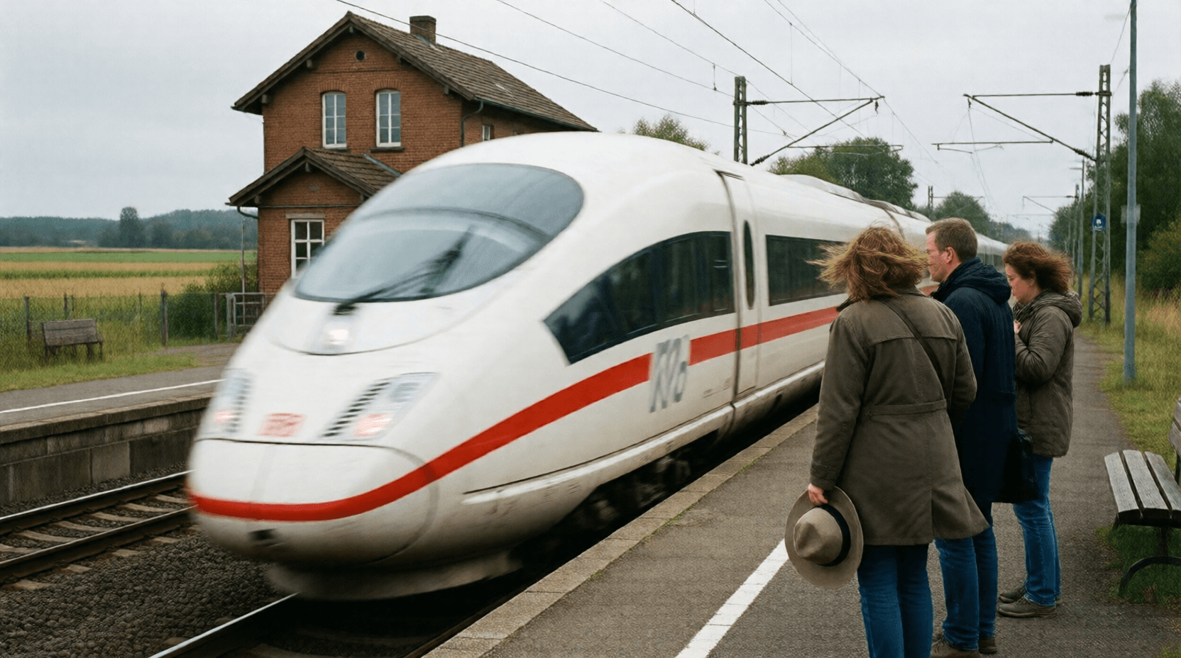 An unserem kleinen Bahnhof hält der ICE nicht, sondern fährt mit hoher Geschwindigkeit durch.