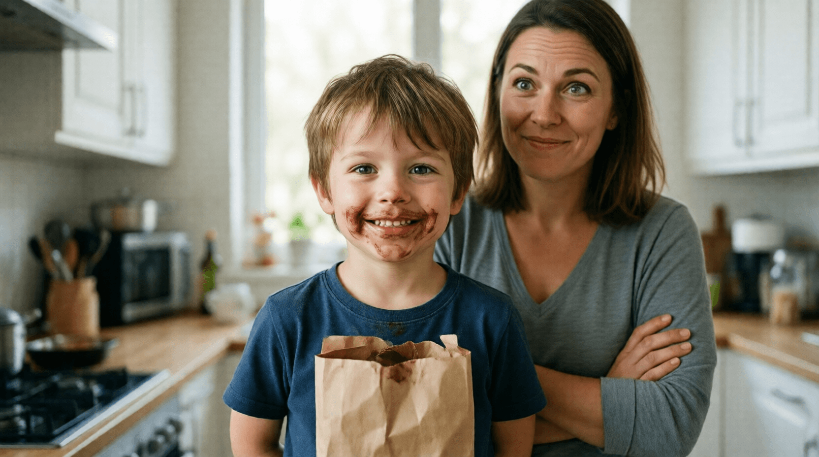 Die Mutter durchschaut die Ausrede ihres Sohnes sofort, denn er hat noch Schokolade im Gesicht.