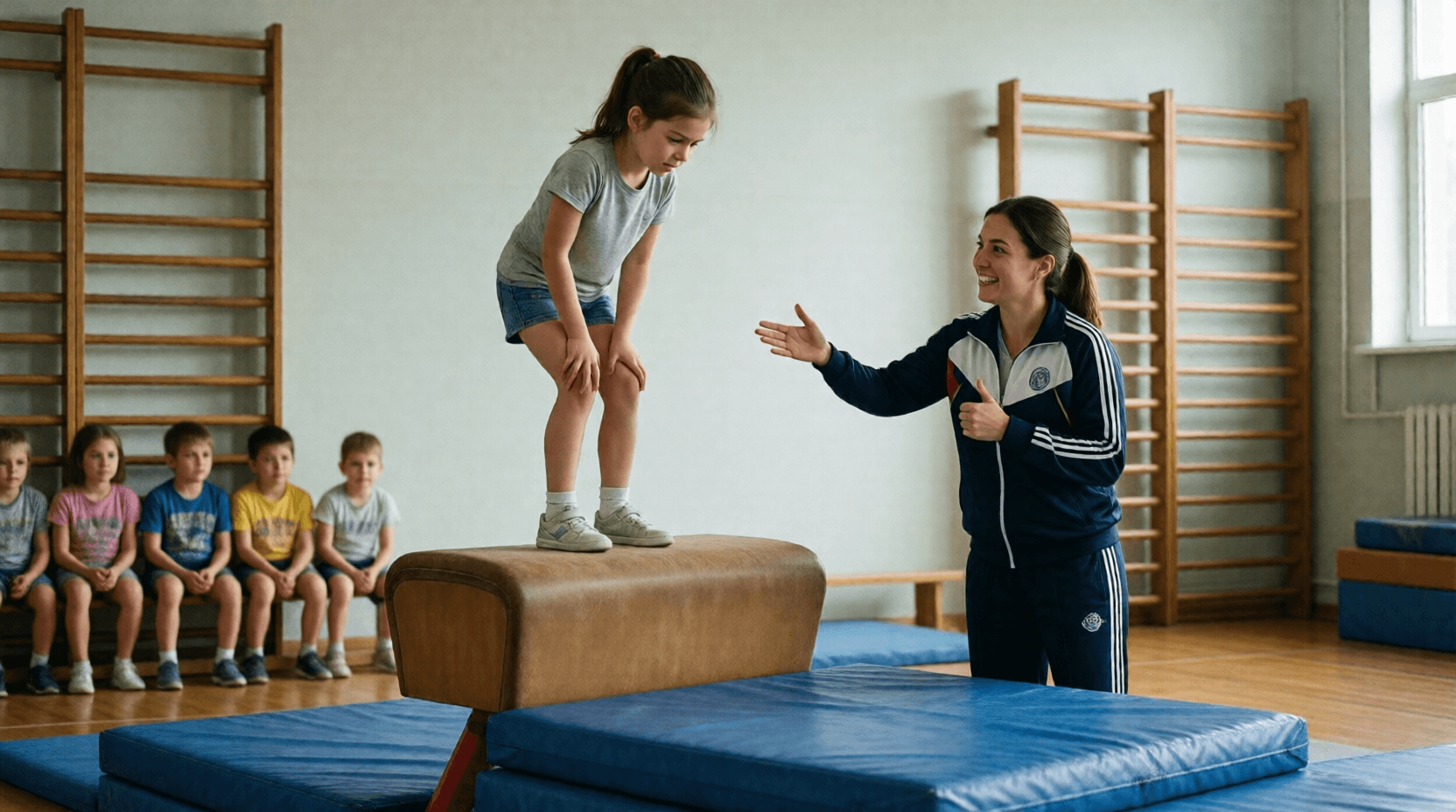 Die Sportlehrerin ermuntert die Kinder beim Sprung vom Kasten.