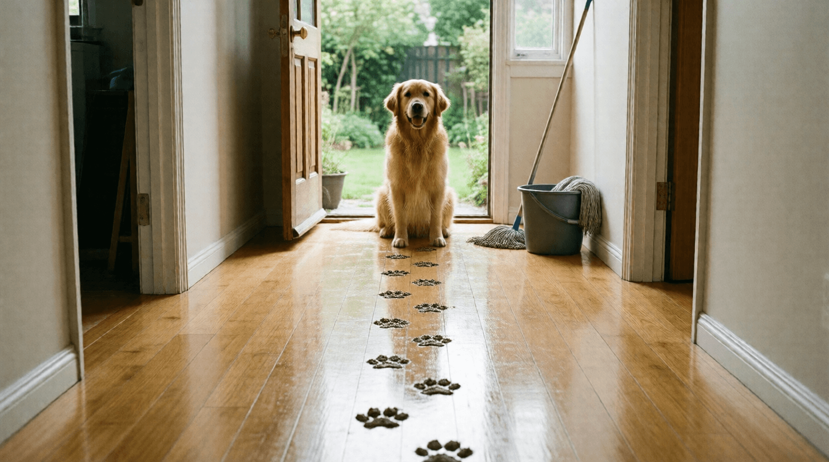 Der nasse Hund hat auf dem frisch geputzten Boden überall schmutzige Pfotenabdrücke hinterlassen.