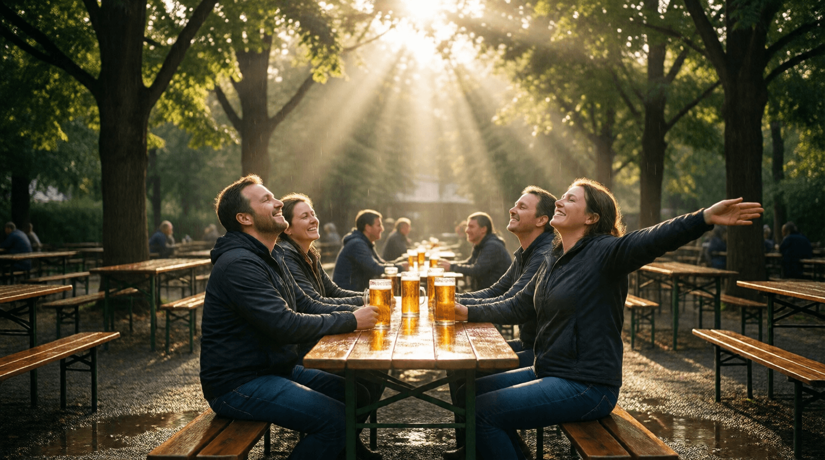 Nach tagelangem Regen scheint endlich wieder die Sonne, und die Leute im Biergarten scheinen glücklich.