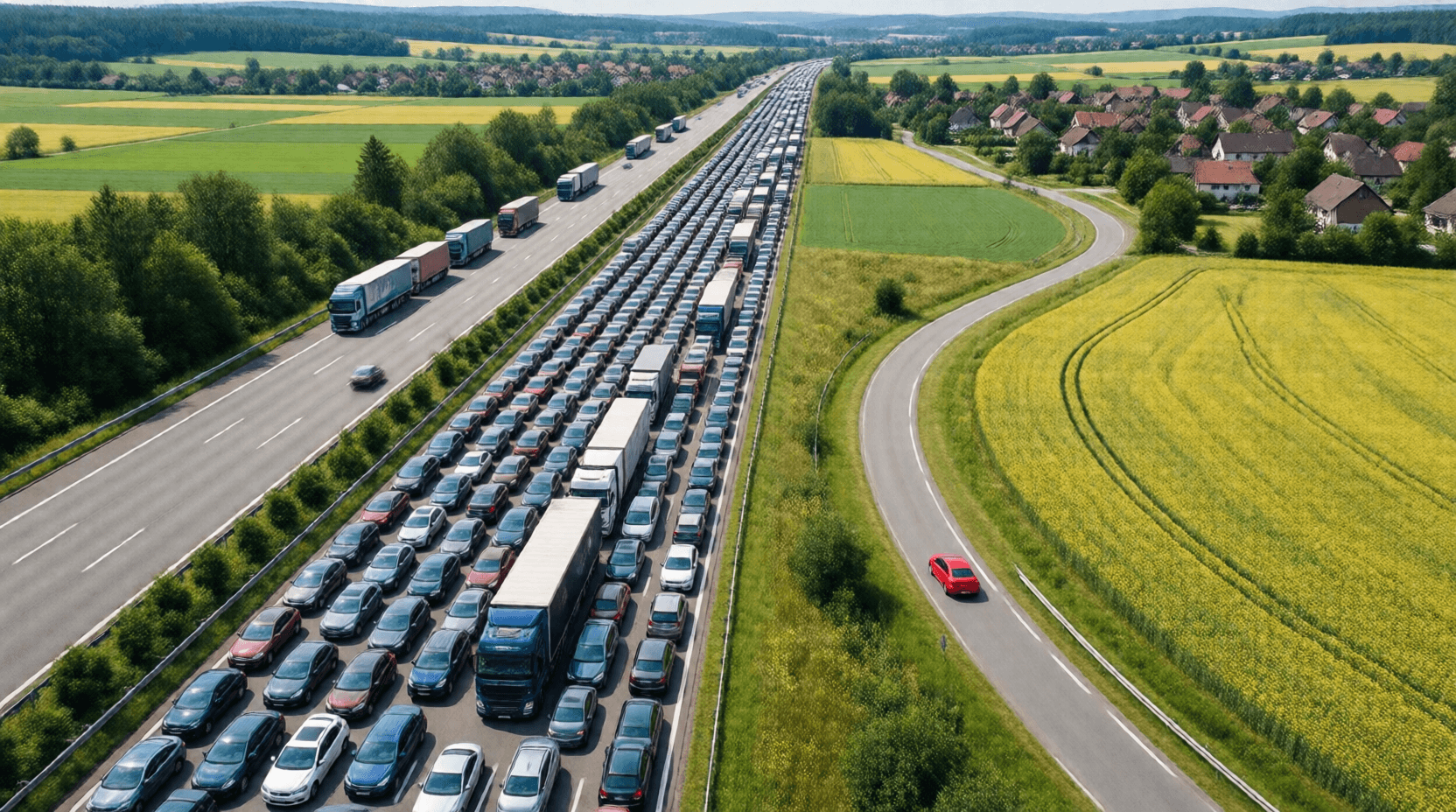 Weil die Autobahn völlig verstopft war, umfuhren wir den Stau über kleine Landstraßen.