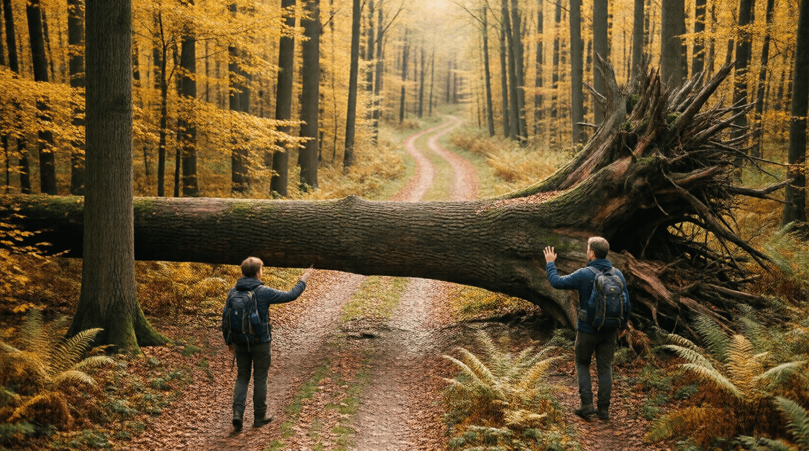 Weil ein umgestürzter Baum den Weg versperrte, umgingen die Wanderer ihn durch den Wald.
