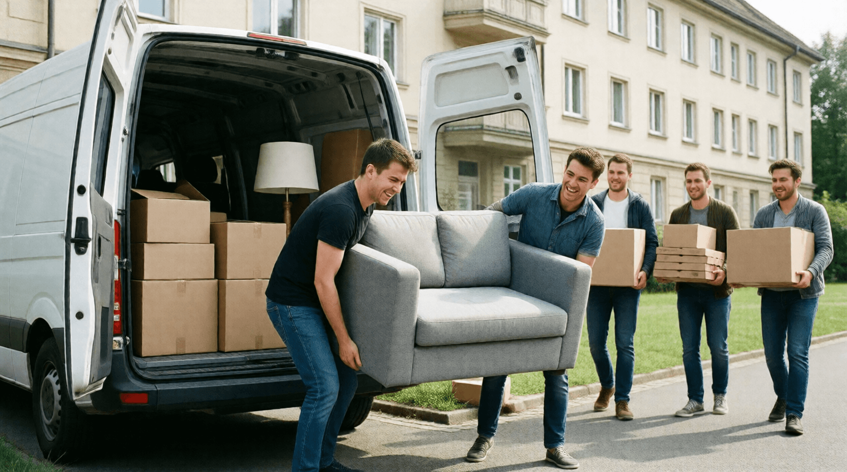 Am Samstag ziehen wir um, und fünf Freunde helfen uns, das schwere Sofa zu tragen.