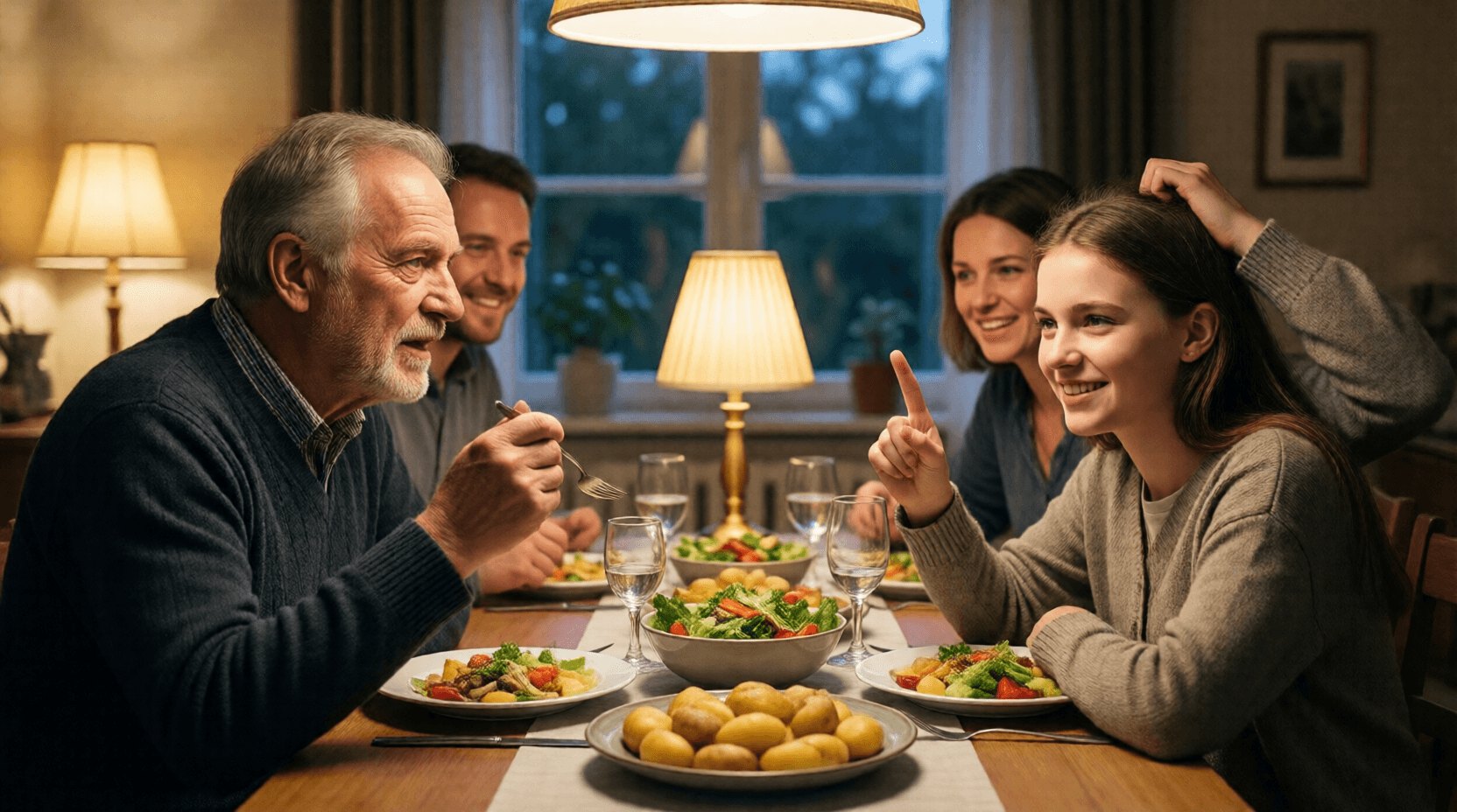 Beim Abendessen widerspricht Lena ihrem Opa, als er behauptet, früher sei alles besser gewesen.