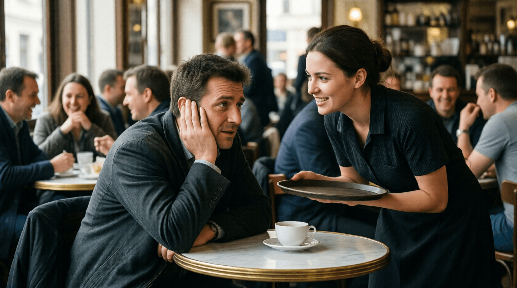 Im lauten Café hielt er die Hand ans Ohr, und die Kellnerin wiederholte ihre Frage.